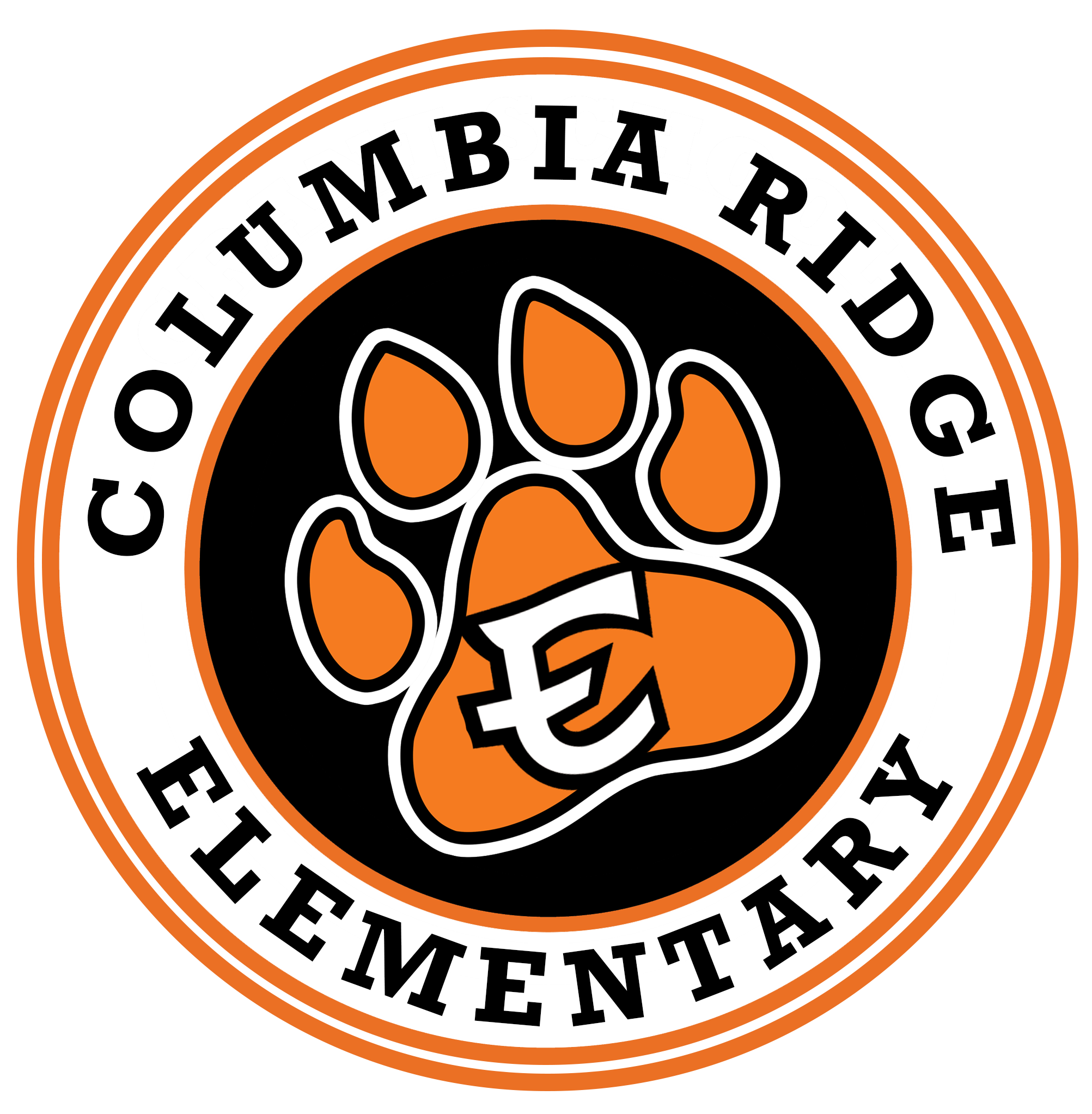 A circular logo for Columbia Ridge Elementary featuring an orange paw print and white text on a black and orange background.